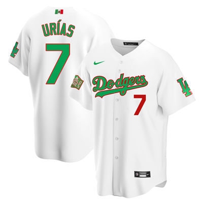 Men's Los Angeles Dodgers White #7 Julio Urias White Green MLB Mexico 2020 World Series Stitched Jersey